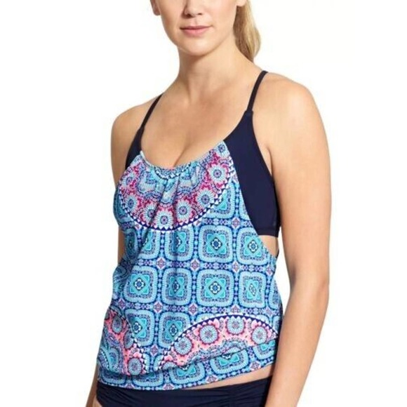 NWT Athleta $84 32D/DD Fiji Blousy Blue Pink Print Padded UPF 50+ Tankini Top - Picture 2 of 14